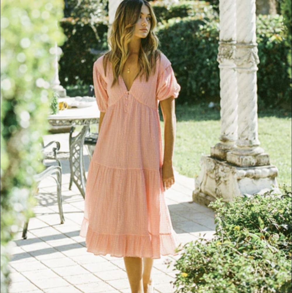 Women's Blush Pink Midi Dress with V-Neck and Tiered Skirt